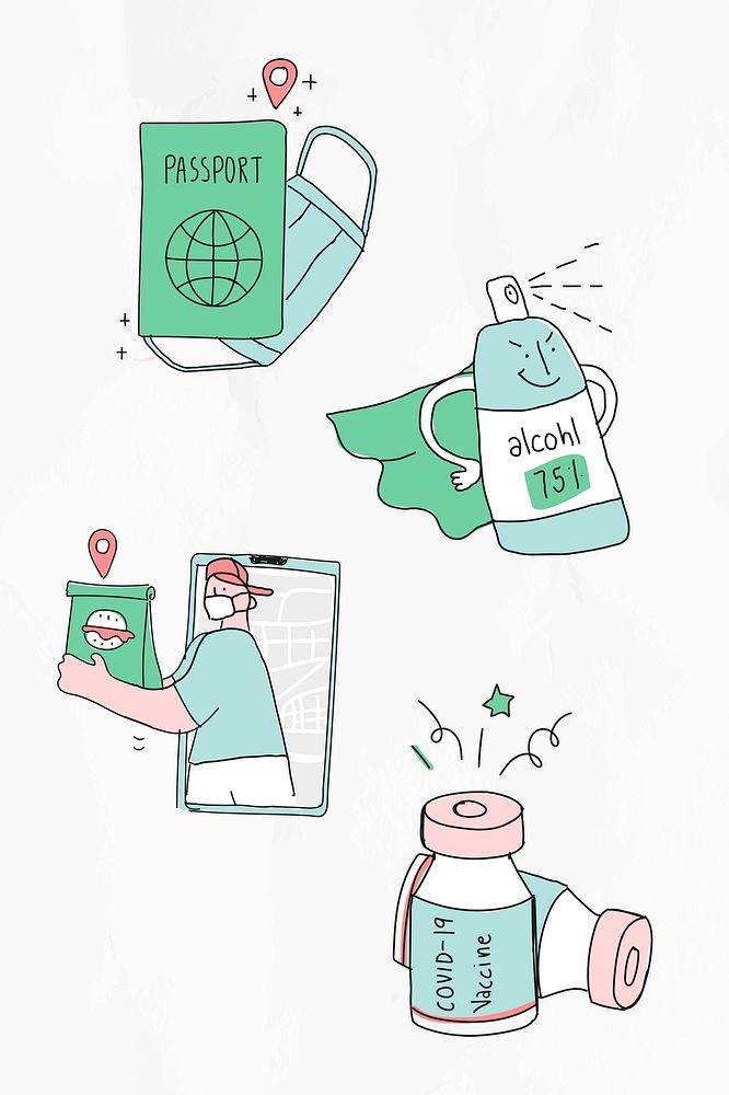 Cute COVID-19 social distancing psd green doodle character set