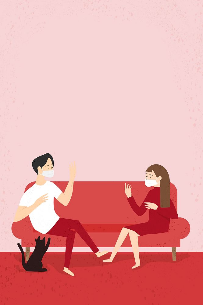 Couple wearing masks and keeping a physical distance in their own home background vector