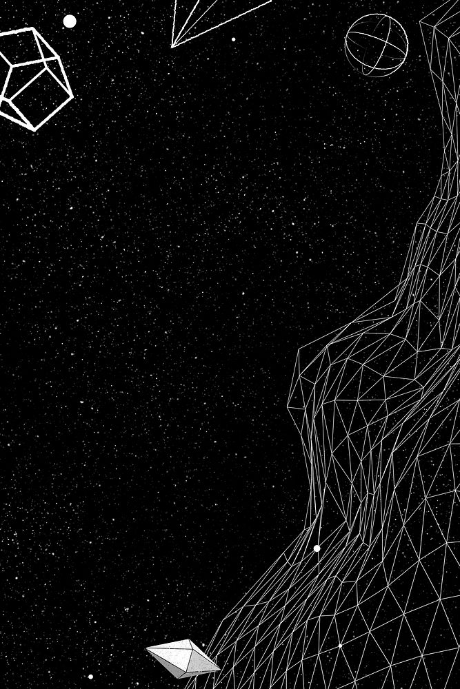 Gray wireframe wave with geometric shapes on a black background