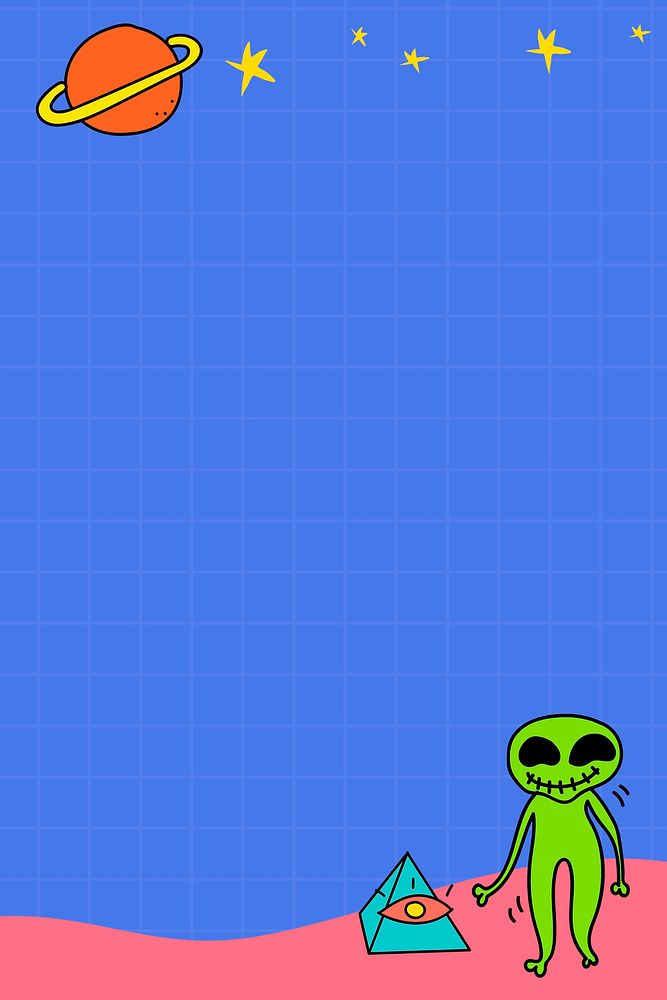 Frame with alien and Saturn on an indigo grid background vector 