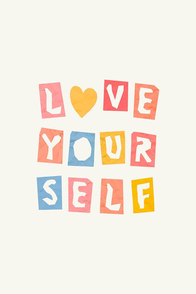 Cute vector word LOVE YOURSELF paper cut typography lettering