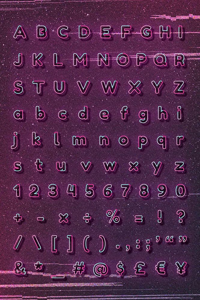 Alphabets, punctuations, symbols vector pink neon font typography set