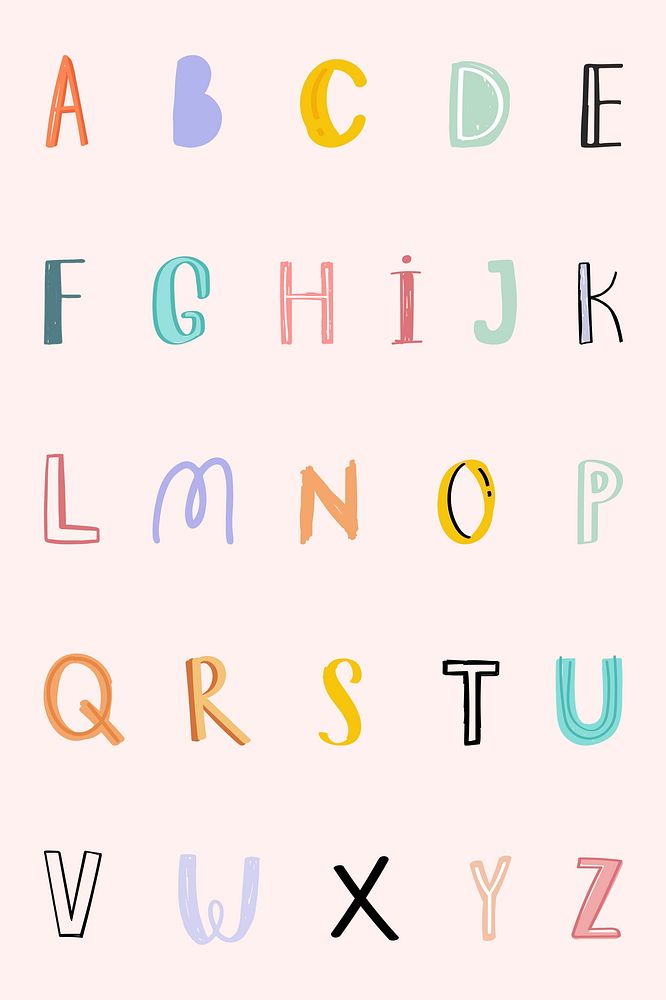 Pastel doodle alphabet psd word art set