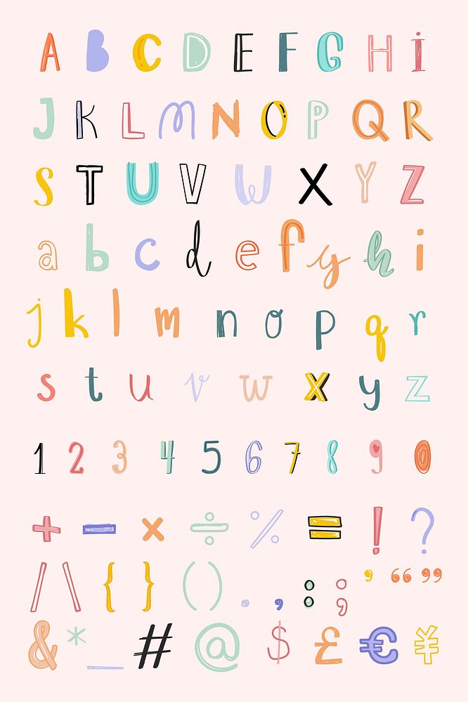 Hand drawn psd alphabet numbers sign doodle font set
