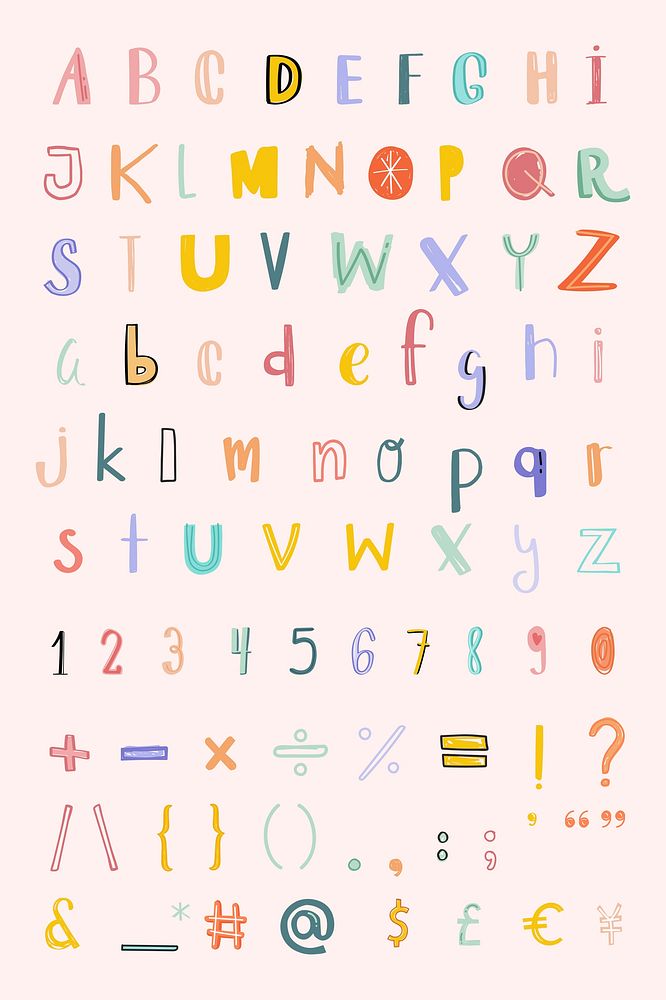 Hand drawn psd alphabet numbers sign doodle font set