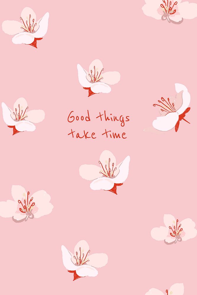 Feminine pink floral blog banner with sakura illustration and inspirational quote good things take time