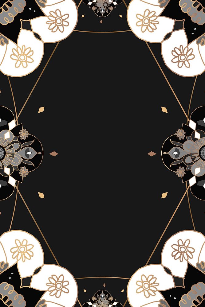 Mandala pattern gold frame vector black botanical Indian style