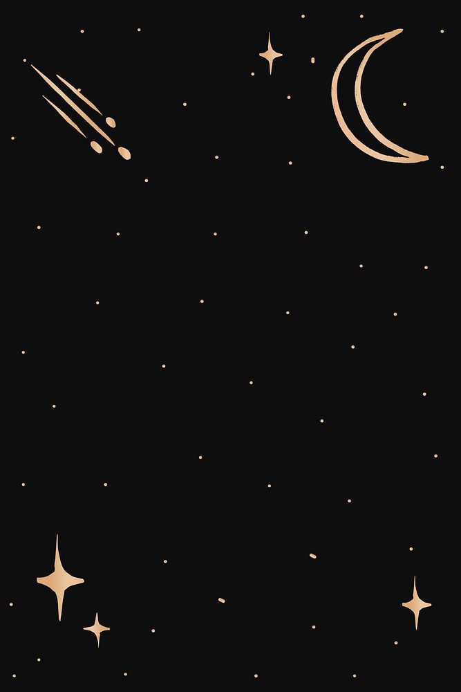 Gold psd comet moon cute doodle border galaxy on black background