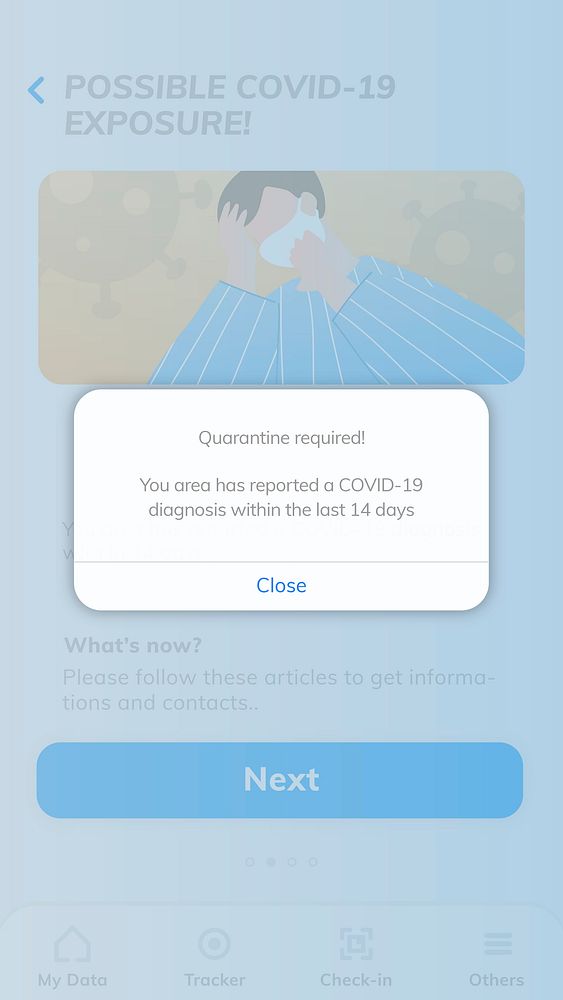 COVID-19 tracking app template psd quarantine required mobile screen