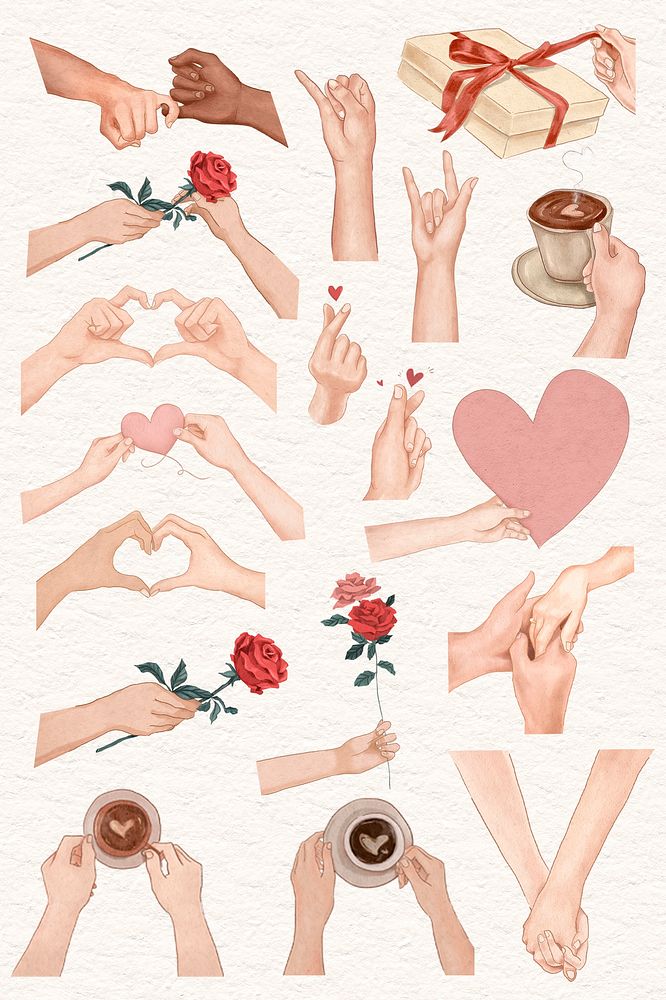 Romantic couple hand gestures psd for Valentine&rsquo;s day design elements set