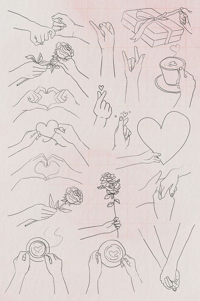 Valentine&rsquo;s and love hand gestures psd grayscale sketch set