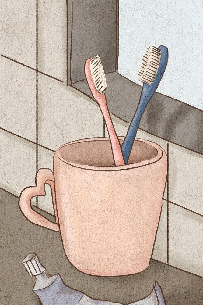 Couple&rsquo;s toothbrushes romantic hand drawn illustration
