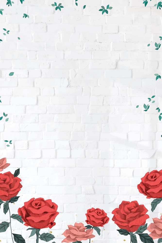 Red roses Valentine&rsquo;s frame vector with brick wall background