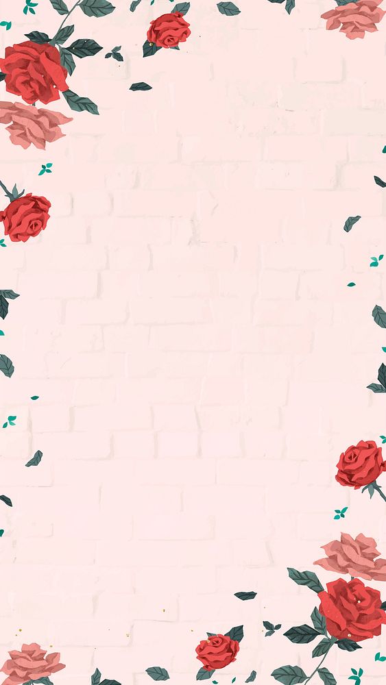 Red roses Valentine&rsquo;s frame vector with pink brick wall lock screen wallpaper