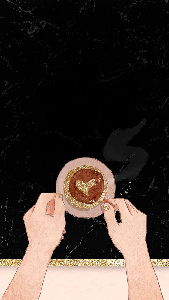 Cute coffee date Valentine&rsquo;s vector black glittery marble texture mobile wallpaper