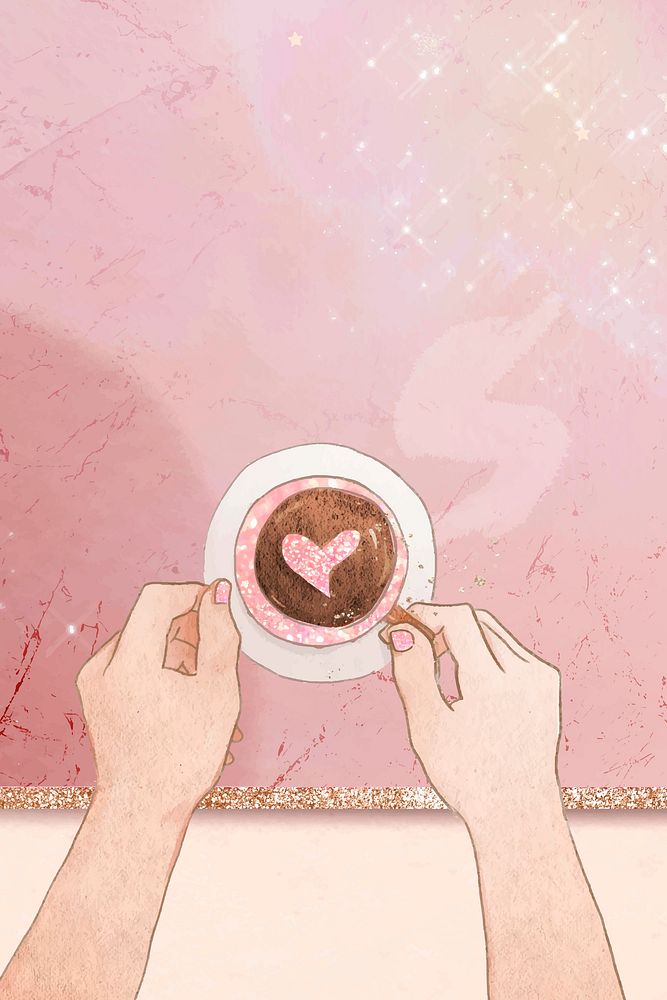 Heart coffee vector pink glittery marble texture background