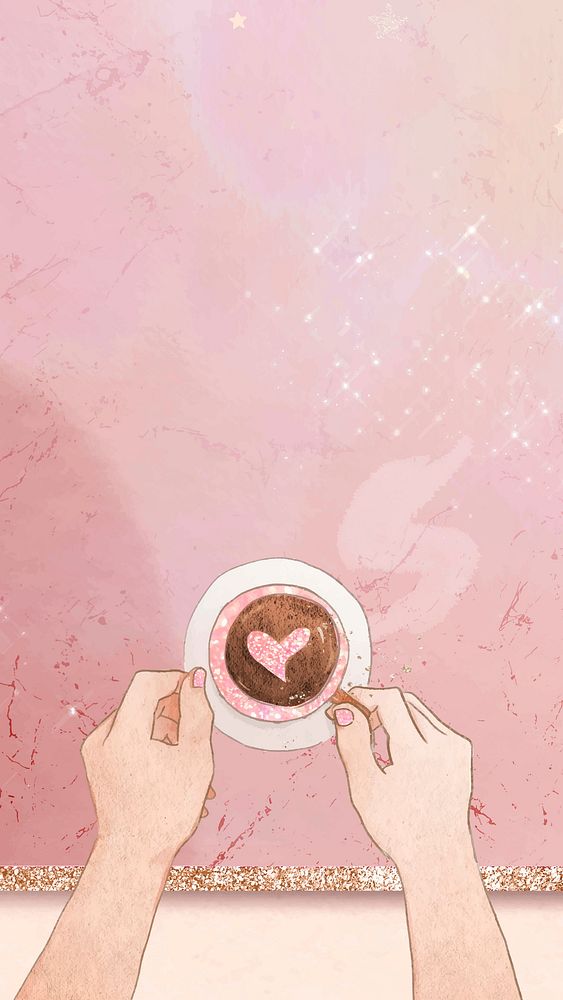 Cute heart coffee vector pink glittery marble texture mobile wallpaper