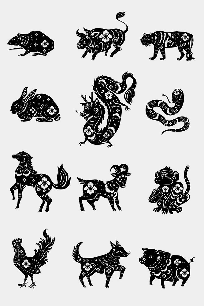 Chinese animal zodiac vector black new year stickers collection