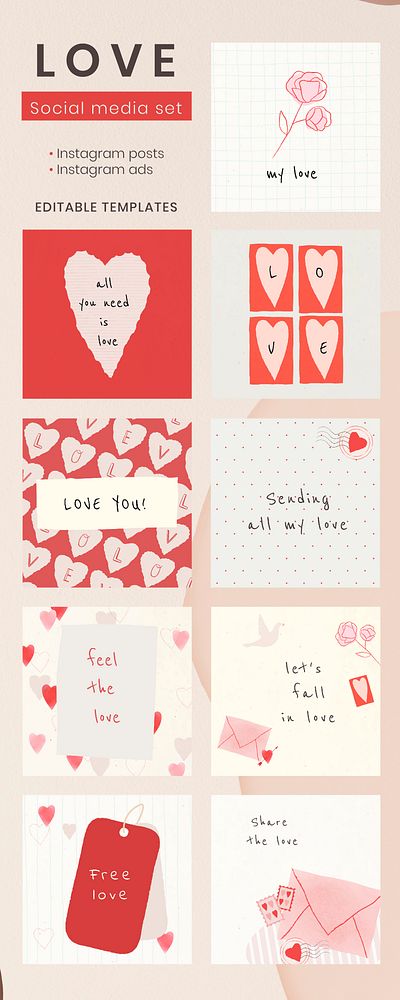 Valentine social media post template vector set