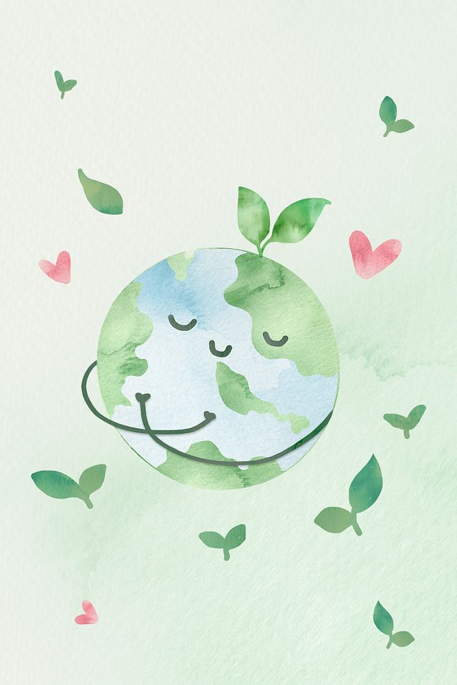 Love earth watercolor background with cute globe illustration