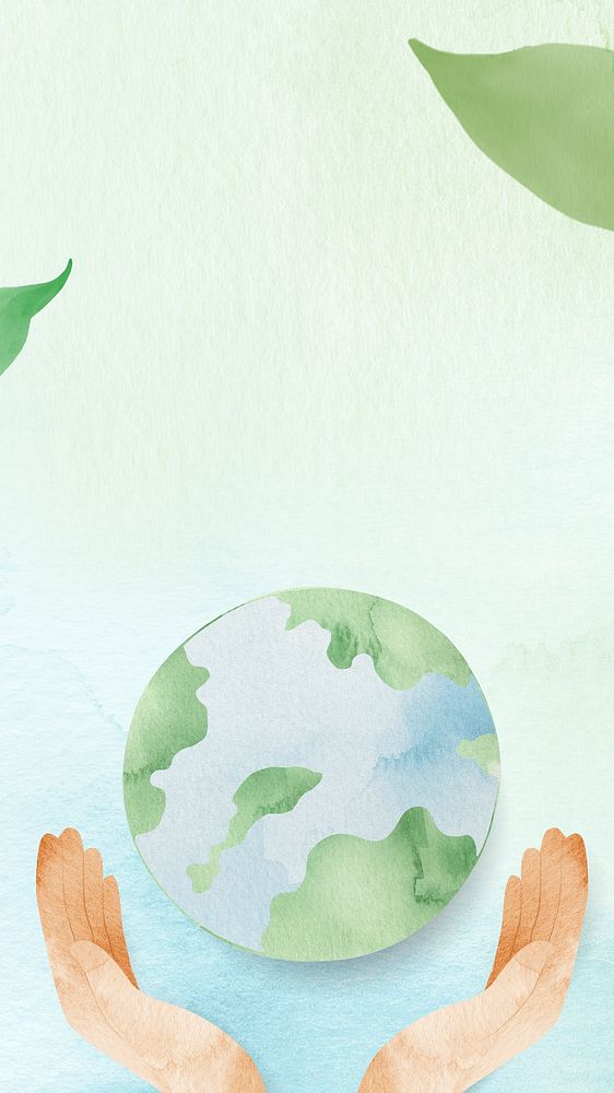 Watercolor background with hands protecting the world illustration