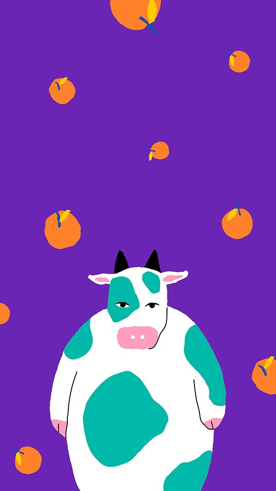 Orange fruit pattern with cow on purple background