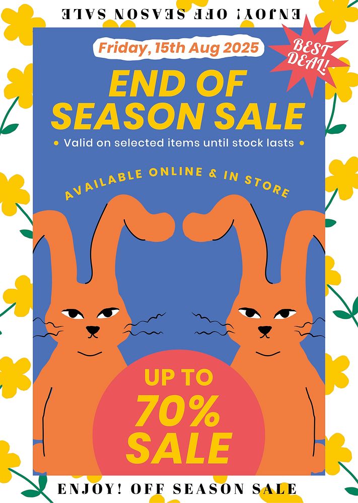 Funky poster for end of season sale with cute animal illustration