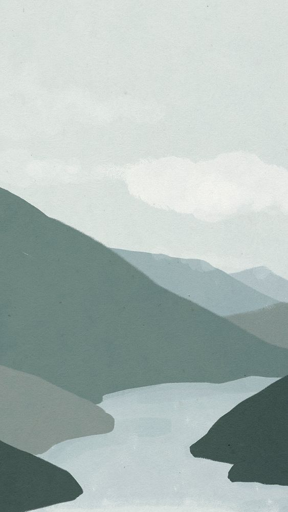 Landscape phone lockscreen wallpaper with mountains and river illustration