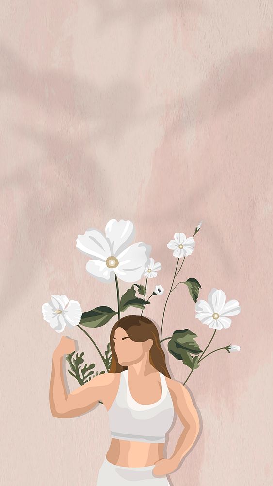 Flexing muscles border wallpaper with floral yoga woman illustration