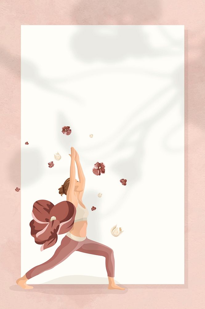 Floral yoga pose frame vector with woman practicing warrior 1 pose