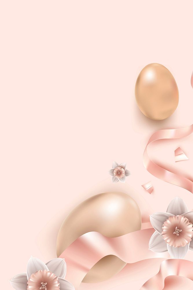 Floral Easter eggs border vector in 3D rose gold and ribbons on pink background for greeting card