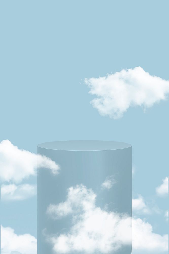 Product display podium 3D with clouds on blue background