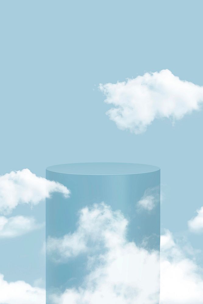 Blue 3D product podium vector with clouds in simple style