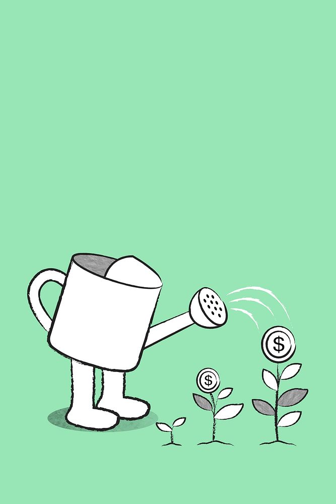 Green watering can background with doodle business growth illustration