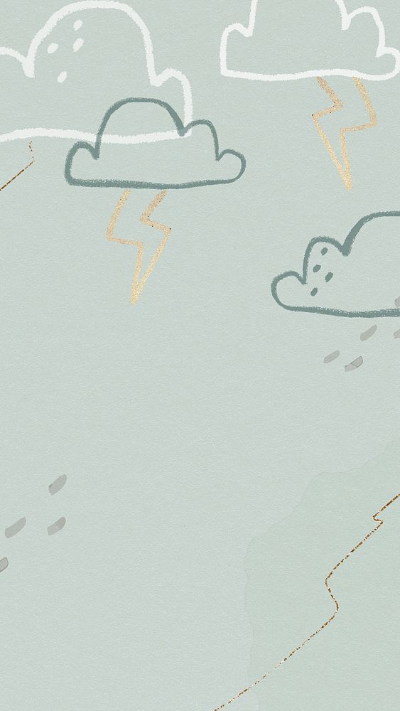 Thunder clouds background in green with glittery cute doodle illustration for kids