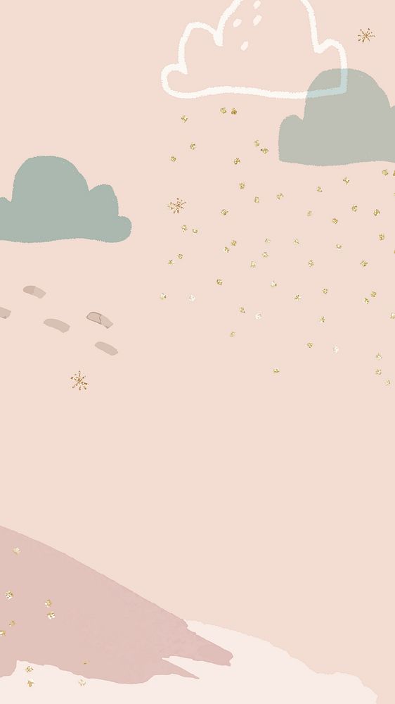 Winter season background vector in pastel pink with doodle mountain illustration