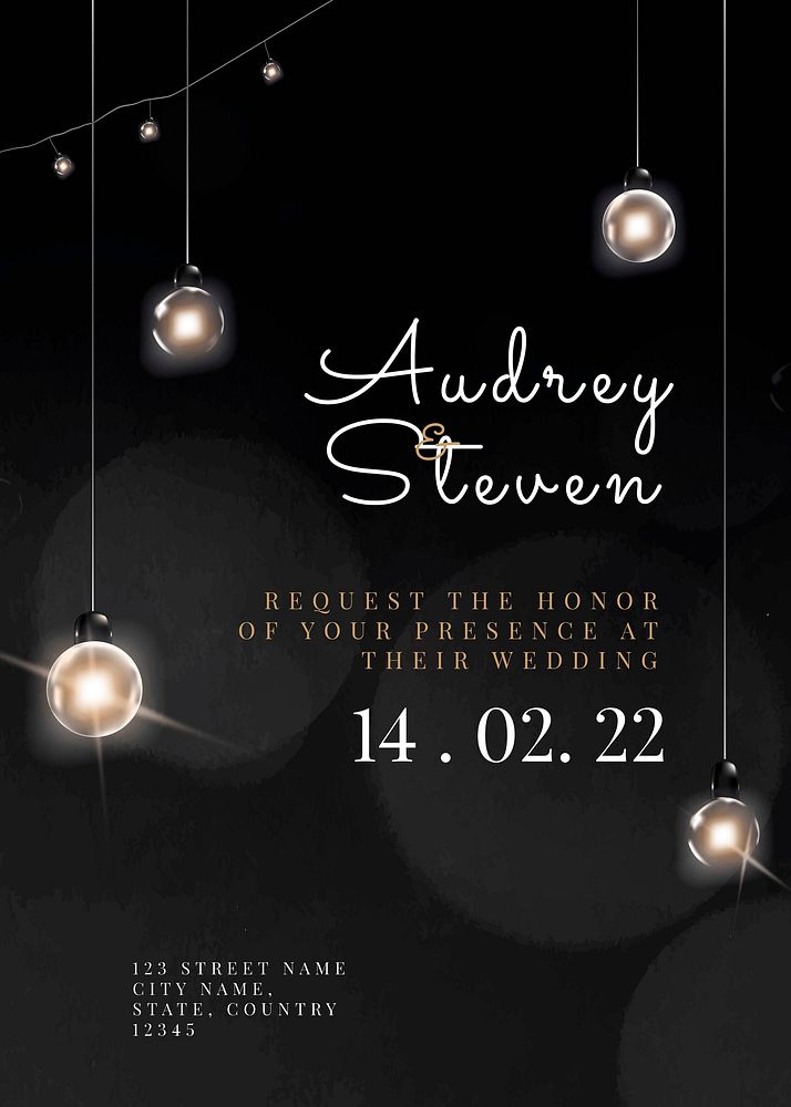 Festive invitation card vector editable template with beautiful string lights