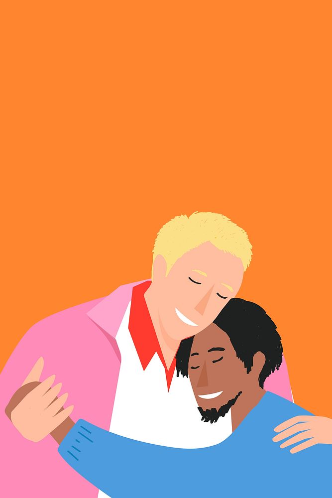 Interracial gay couple hugging background