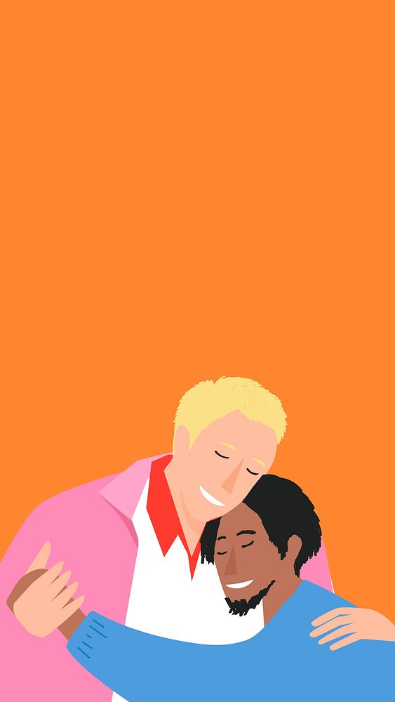 Interracial gay couple embracing mobile wallpaper LGBTQ pride month concept