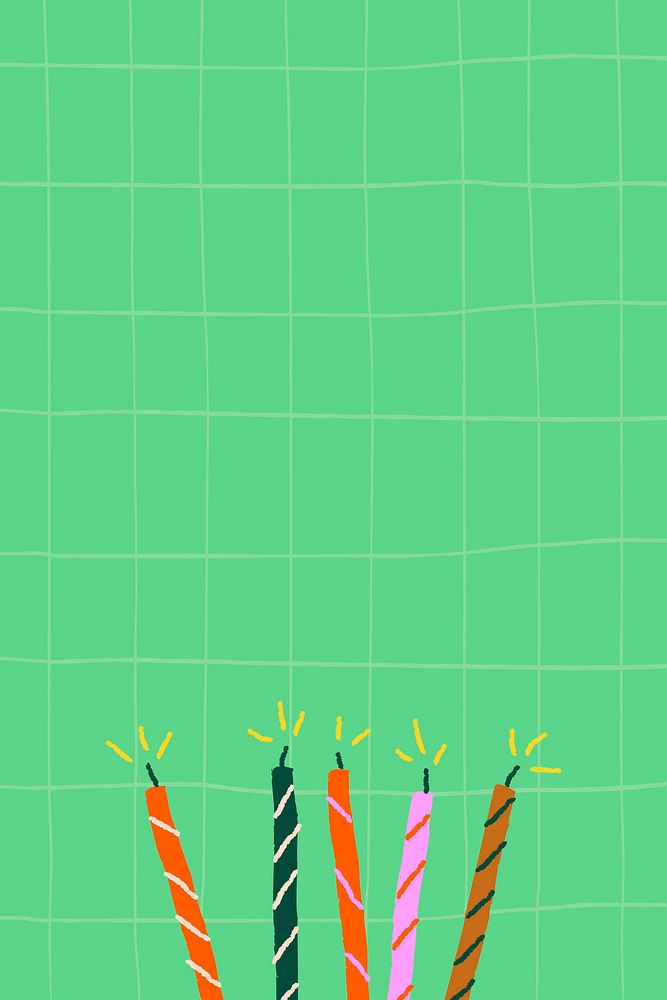 Green grid birthday background with cute doodle candles
