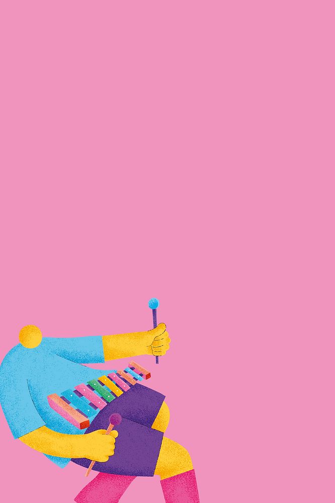 Pink musical background with xylophonist musician flat graphic