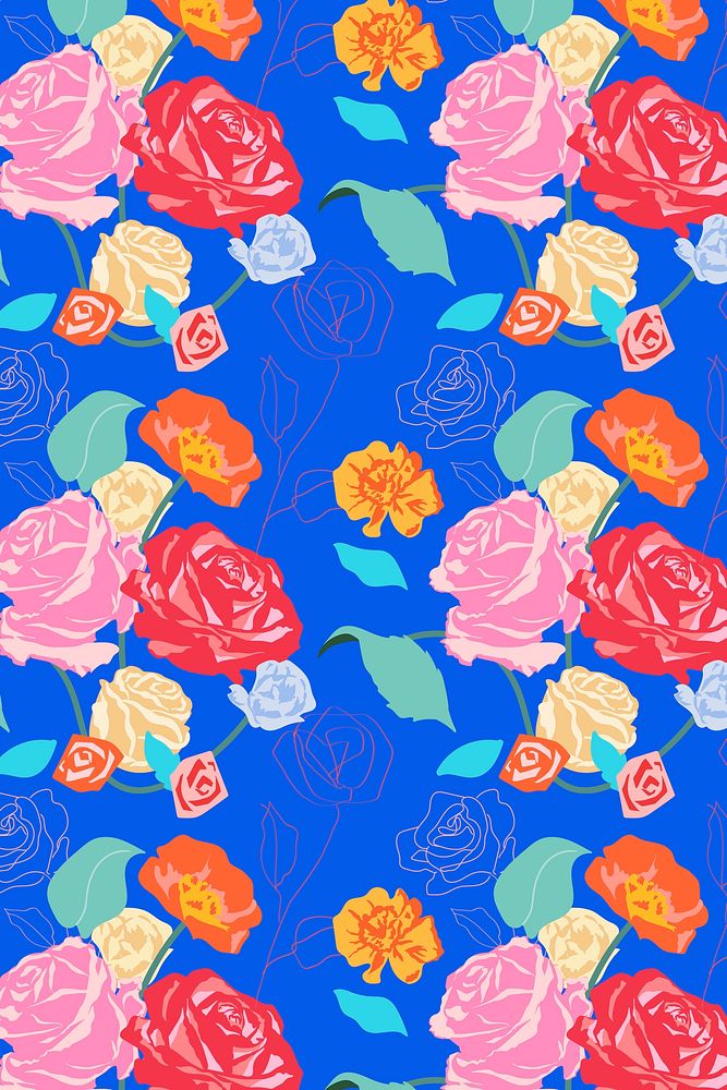 Pink aesthetic floral pattern vector with roses blue background