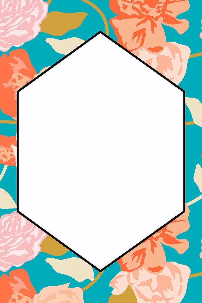 Spring floral hexagon frame with pastel roses on white background
