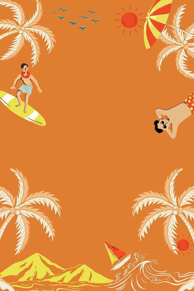 Tropical island frame with tourist cartoon illustration