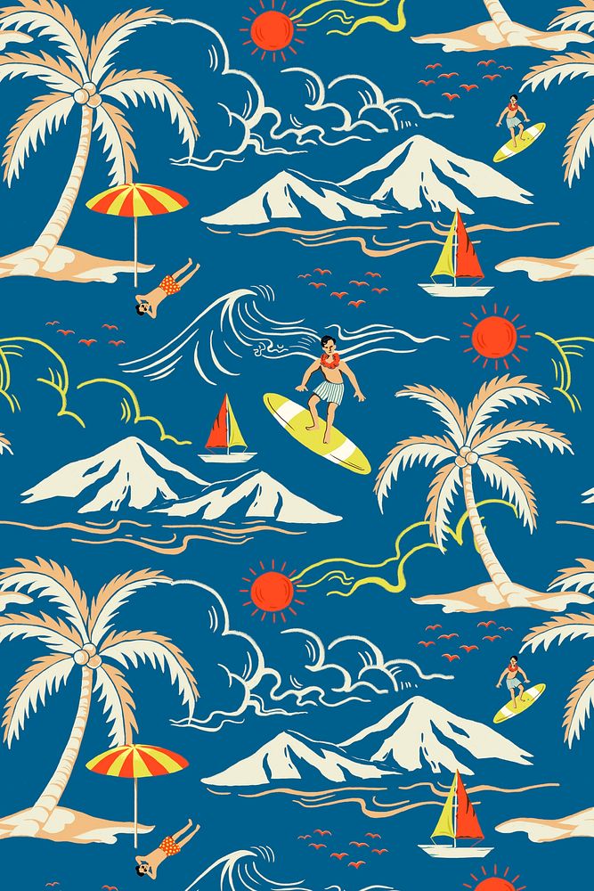 Blue tropical island pattern with tourist cartoon illustration