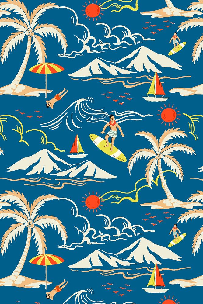 Blue tropical island pattern vector with tourist cartoon illustration
