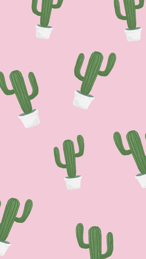 Cactus pot patterned background in pink cute hand drawn style