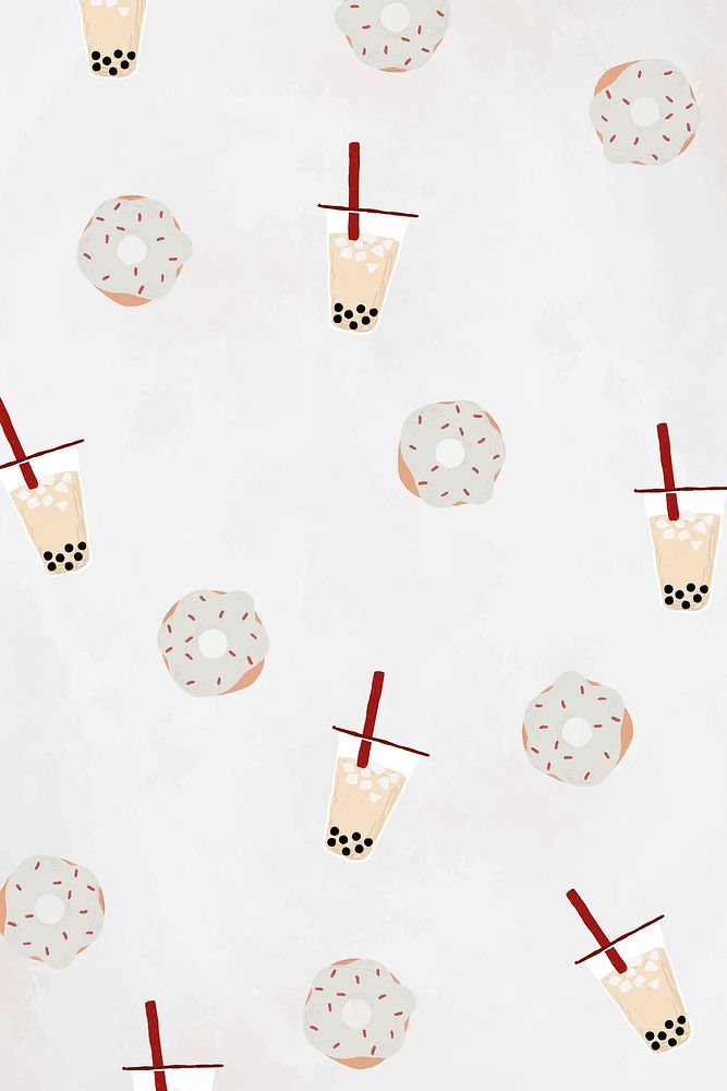 Boba tea patterned background vector with white sprinkle donut cute hand drawn style