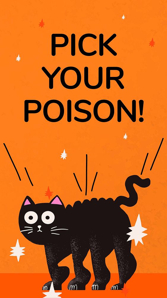 Cute Halloween greeting story, spooked black cat pick your poison text