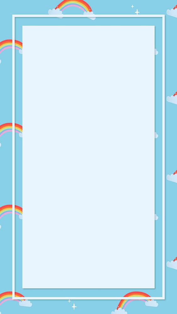 Blue rectangle frame, cute rainbow pattern weather vector clipart